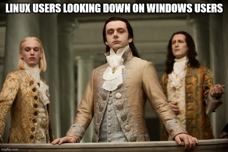 Twilight aristocrats meme: Linux users looking down on Windwos users