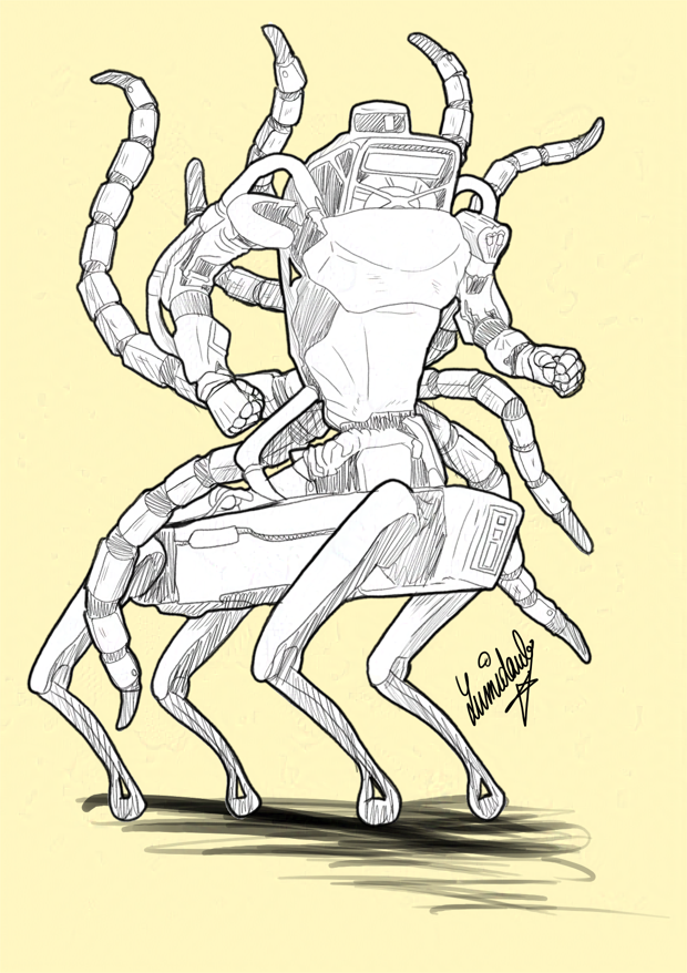 Digital black and white drawing by me, of a robot centaur, essentially. Its lower body is one of those robot dogs with four spindly legs. Its upper body is the bulky upper body of a robot with two arms. It also has robotic tentacles protruding from its back. I'm very sorry for the mental image I have inflicted on you.