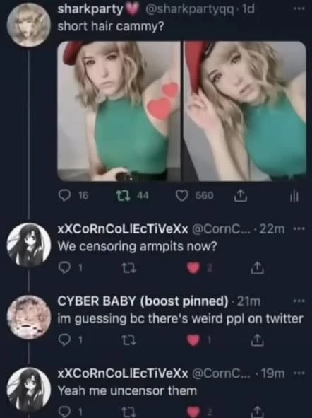 Alt text: A screenshot of a tweet and a series of replies; sharkparty (captioning two photos of someone wearing a sleeveless shirt, with heart emojis covering their underarm): "short hair cammy?"; xXCoRnCoLEcTiVeXx: "We censoring armpits now?"; CYBER BABY (boost pinned): "im guessing bc there's weird ppl on twitter"; xXCoRnCoLlEcTiVeXx: "Yeah me uncensor them"
