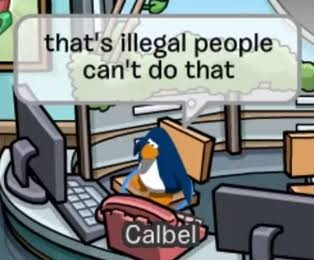 Screenshot of Club Penguin, with a penguin character labeled "Calbel" sitting at a desk with a computer. Through a speech bubble they are saying "that’s illegal people can’t do that"
