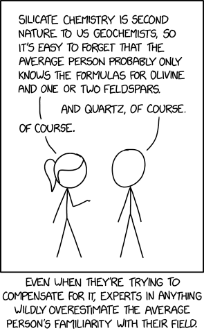 Xkcd comic 2501, titled “Average Familiarity”. It involves two expert geologists discussing the average person’s familiarity with their field of study. They vastly overestimate the average person.