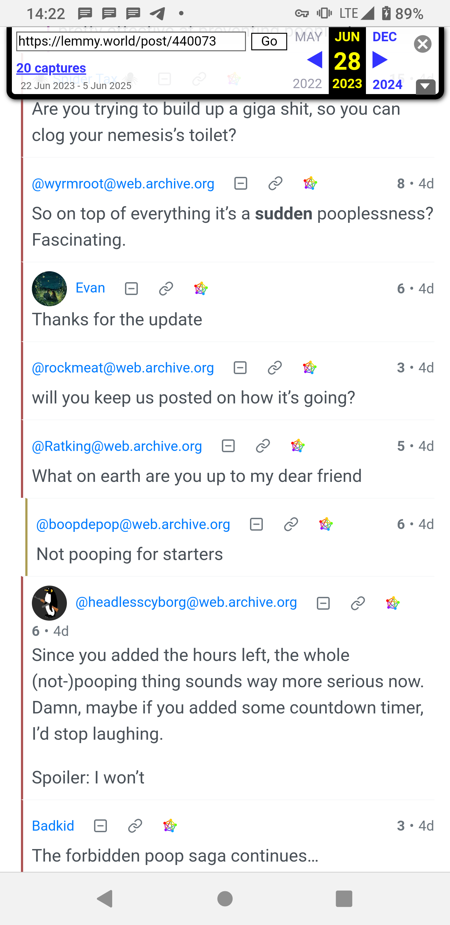 A screenshot of a Forumverse conversation saved by the Internet Archive project. All usernames have @web.archive.org as their instance.