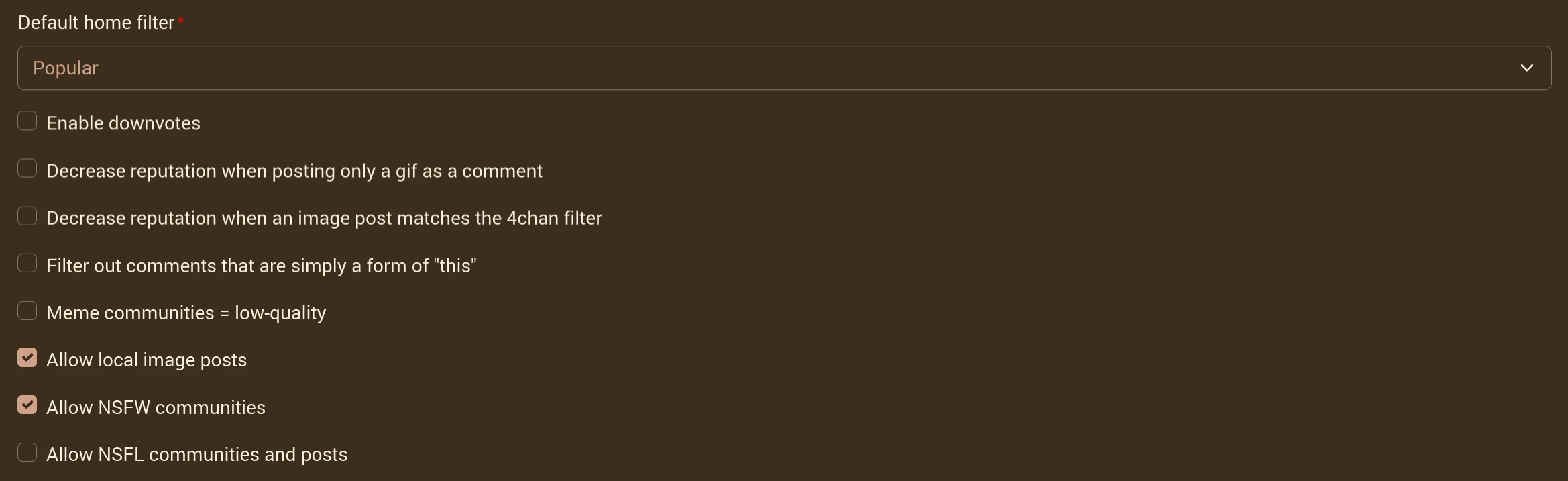 A screenshot of the pbz settings, showing only "allow local images" and "allow NSFW communities" as ticked