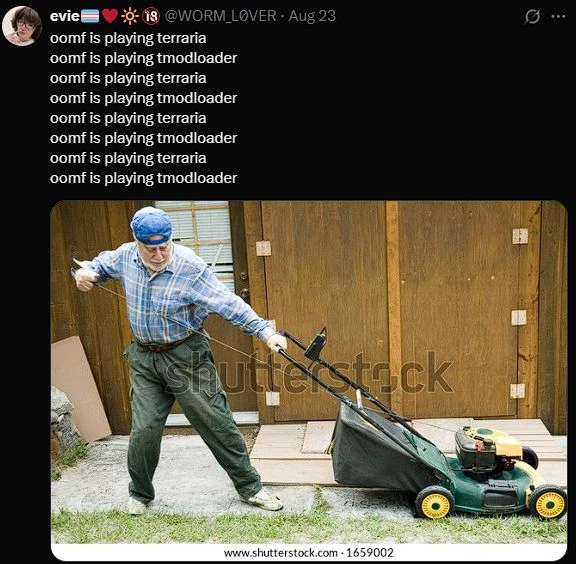 man trying to pull-start a lawnmower but it's tmodloader and terraria