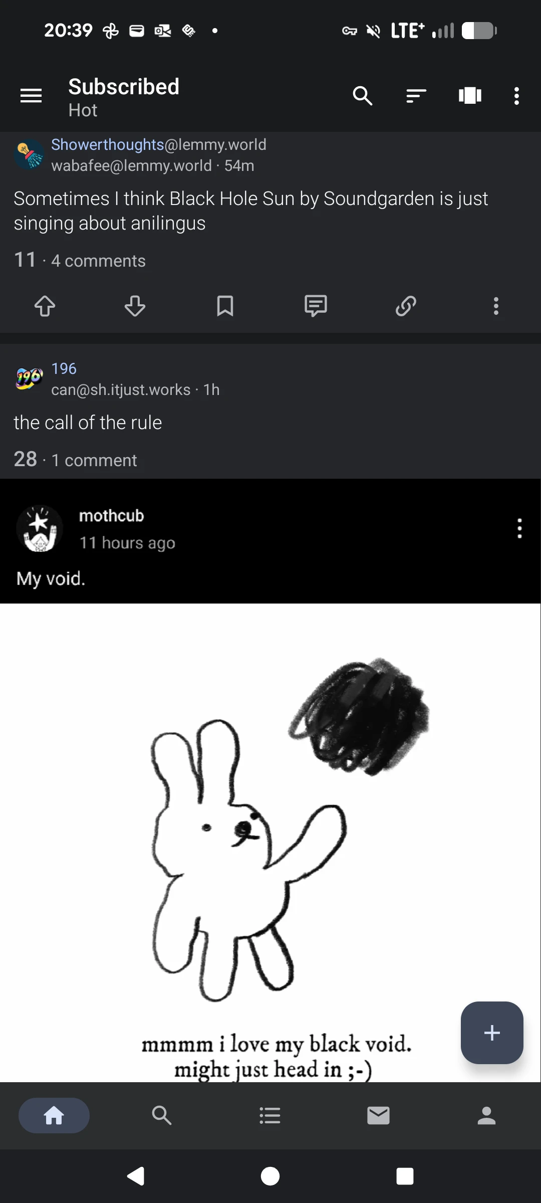 Screenshot of a feed where the top post is OP and the next post is a cartoon bunny looking at a black scribble with the caption "mmm i love my black void. Might just head in ;-)"