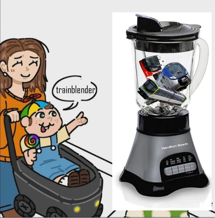 Edit of the above drawing (a kid in a stroller being pushed by their mom, wearing a spinny hat and holding a rainbow lollipop, pointing innocently at a woman with pink hair, a black shirt with the trans flag on it, black pants and pink arm warmers, and saying "trainblender". the woman being pointed at has a straight face, meanwhile the kid's mom looks apologetic) except the trans woman was replaced by a food blender with 3 locomotives (of the Ottawa O-Train, SNCF and Montréal REM) in it.