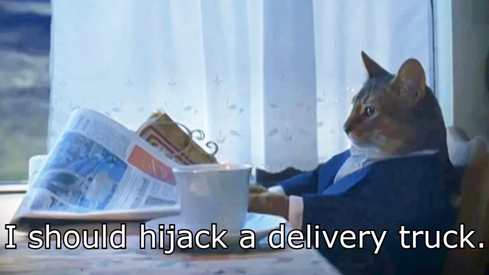 A cat in a business suit, reading a newspaper at a table with a teacup in front of him, thinking to himself "I should hijack a delivery truck."