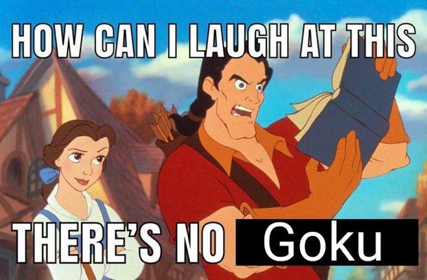 A picture of Gaston from Disney's Beauty & The Beast looking at a Book Angrily with text saying "How can I laugh at this there's no Goku"