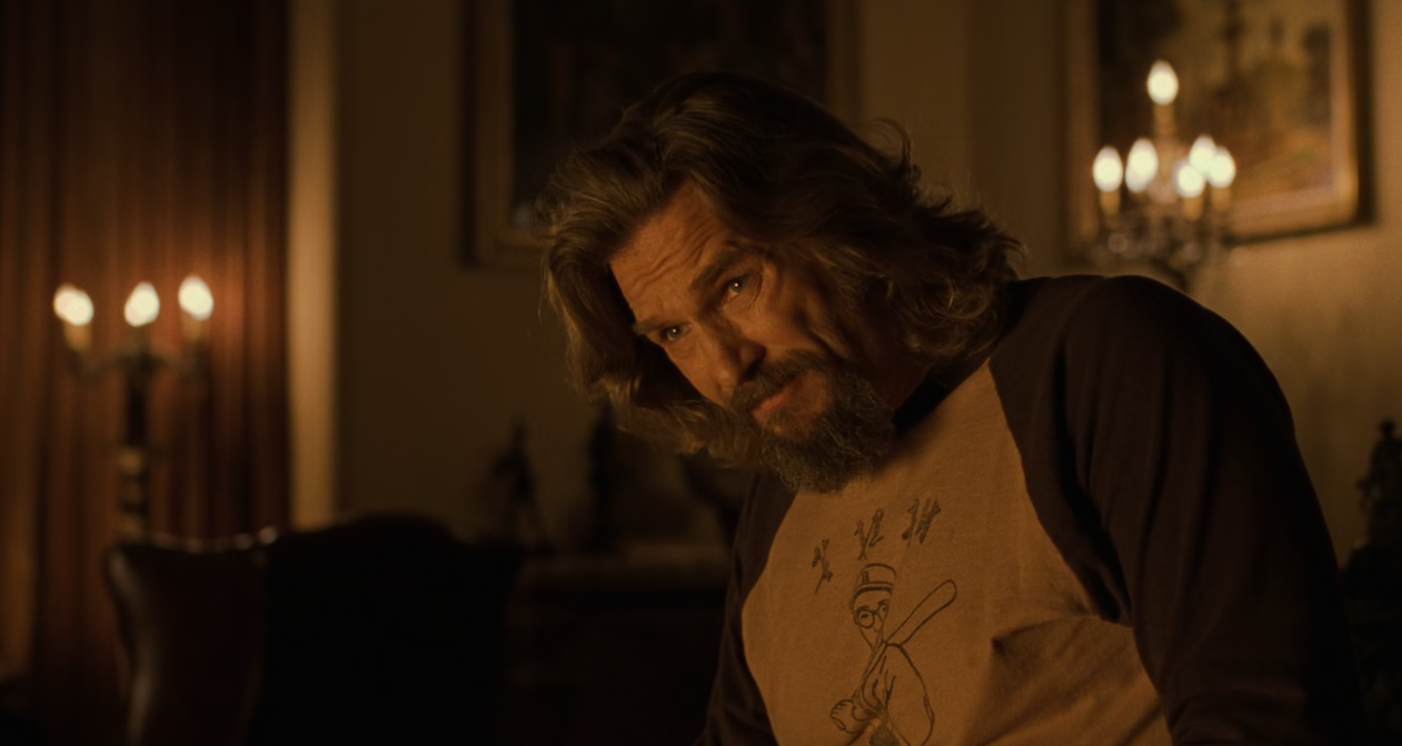 screenshot of The Big Lebowski at 23m32s when Jeff "The Dude" Lebowski (Jeff Bridges) says "oh, fuckin' a" (no subtitles, because the subtitles incorrectly put a "g" in fuckin')
