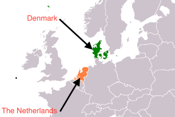 map highlighting the locations of Denmark and The Netherlands