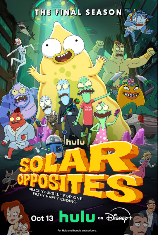 A Group of Wacky Aliens Look upwards as a shark, a red alien, a huge yellow alien, a plant monster, a dog gargoyle, and some small humans all run away in terror from something