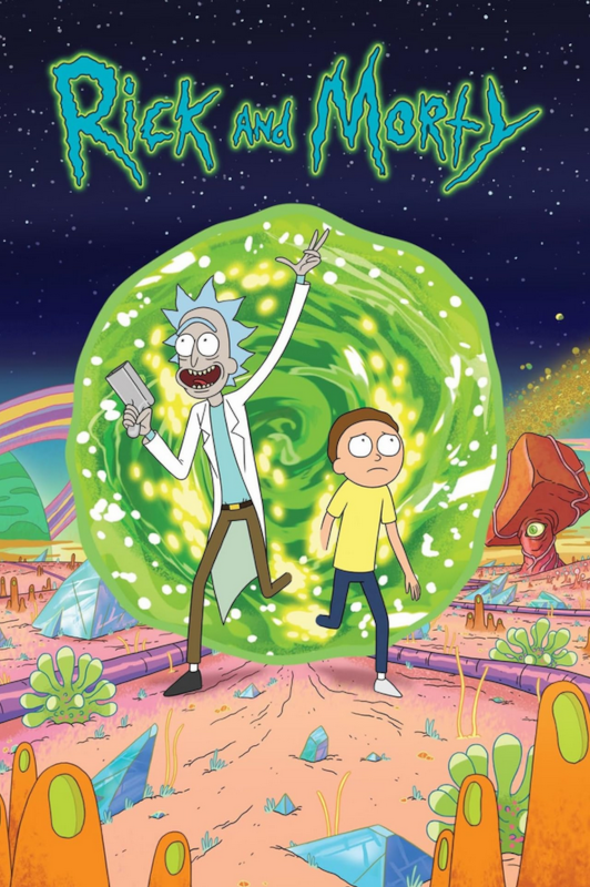 An Elderly Man laughs and a Young Teenager Frowns as they exit a green portal, the older man is holding a gun of some kind that holds a greenish liquid in it, they are surrounded by a bizarre colorful otherworldly landscape