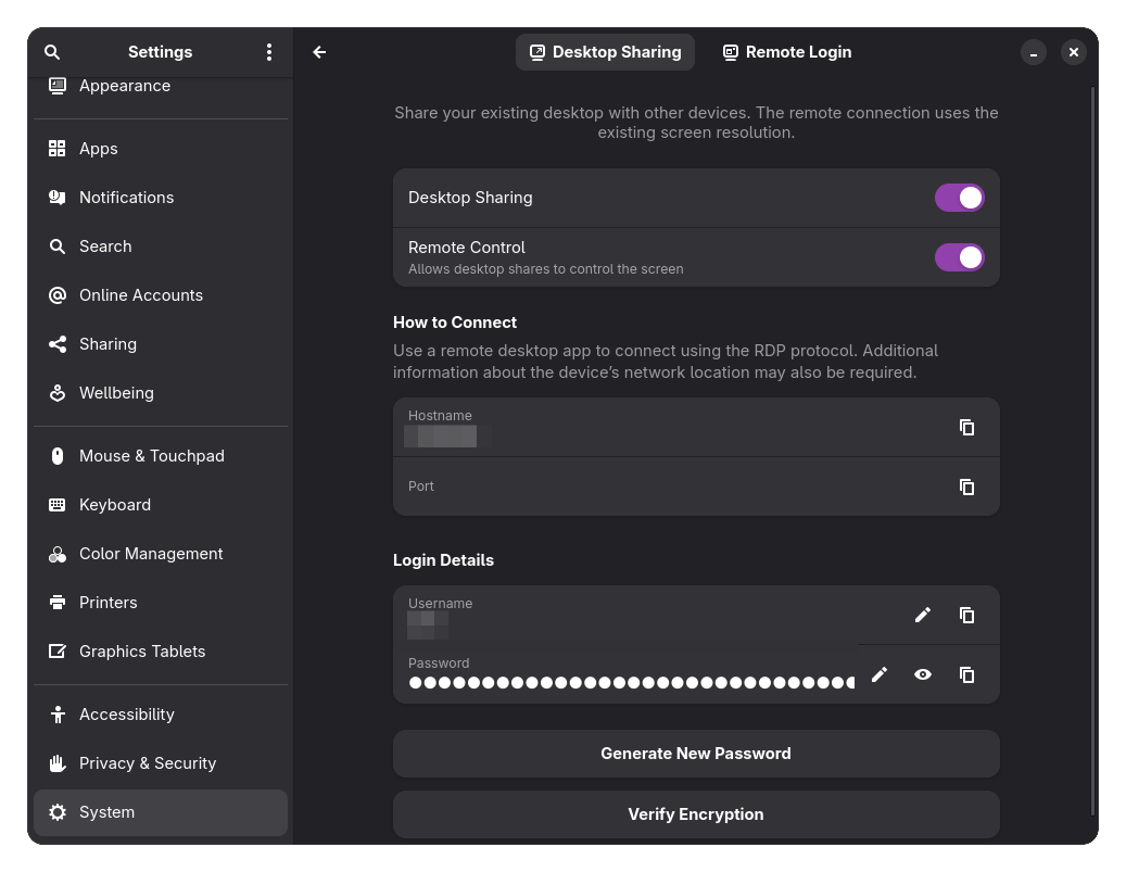 GNOME settings showing remote desktop page