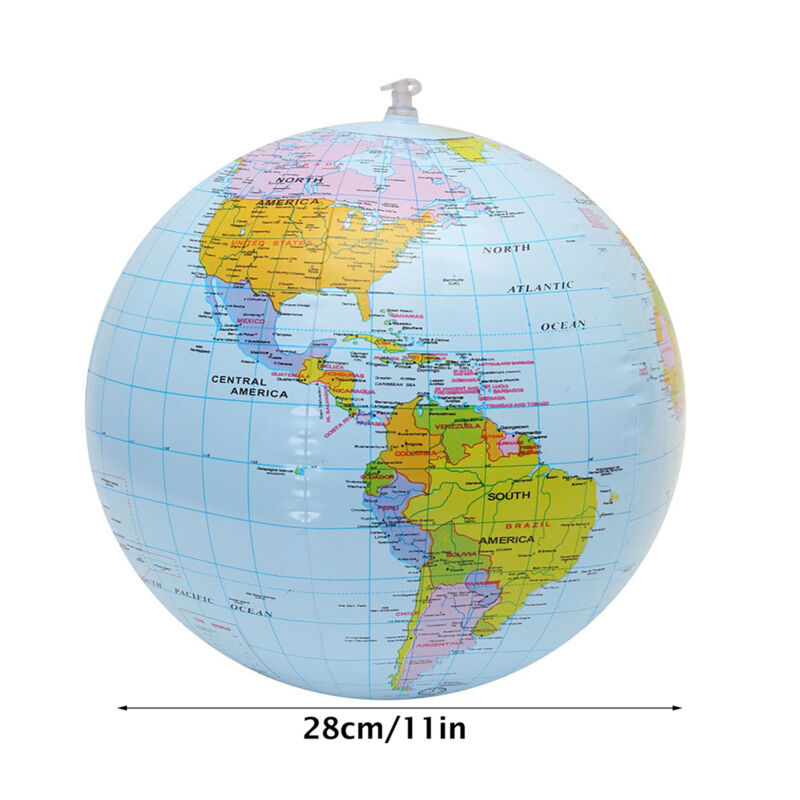 An inflateable beach ball with globe design