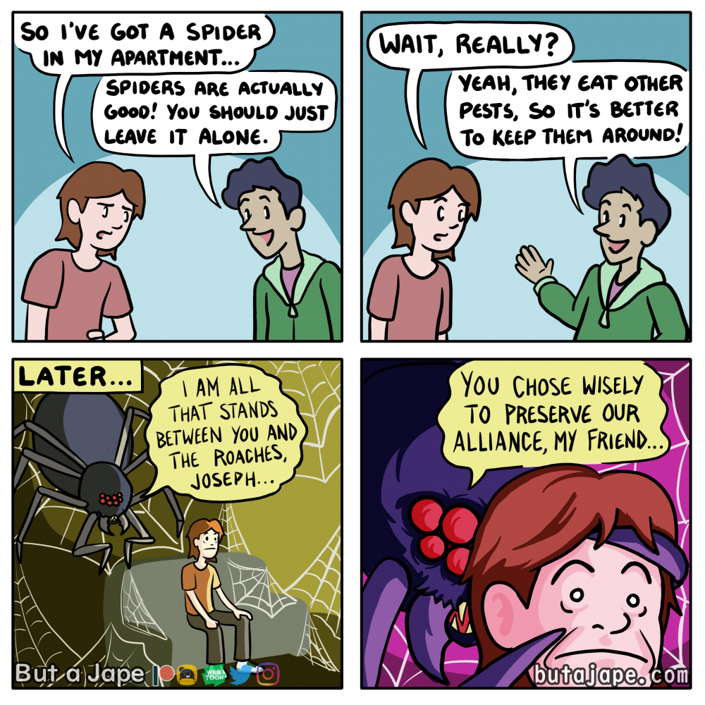 A four panel comic. First panels how's two people, one says "So I've got a spider in my apartment..." The other replies, "Spiders are actually good! You should just leave it alone." The second panel shows the two people continuing the conversation. The original first person says "Wait, really?" The second person replies "Yeah! They eat other pests, so its better to keep them around." The third panel displays a narration bubble saying "Later..." The third panel shows the original person sitting nervously in a chair, a gigantic room size spider looming over the person behind them. The spider says "I am all that sits between you and the roaches Joseph..." The fourth panel shows a close up of the nervous person's face, framed by the spider's mandibles, which sits just behind his face. The spider says, "You chose wisely to preserve our alliance, my friend."