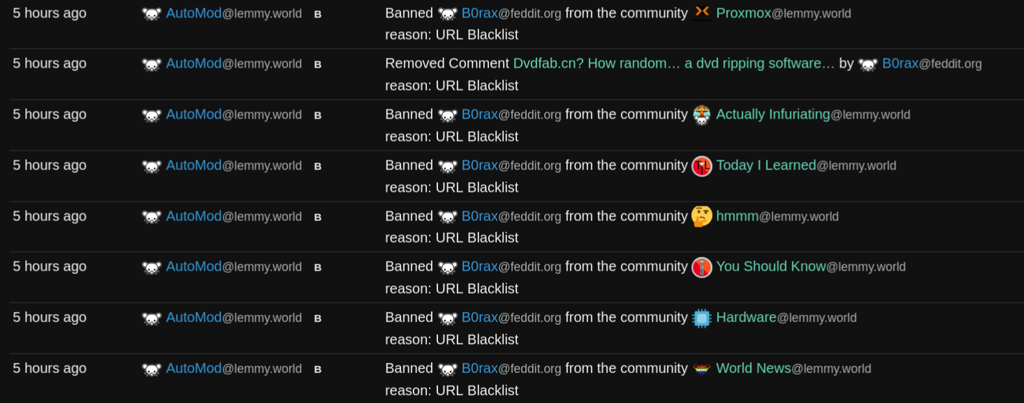 screen shot of mod log showing B0rax being bannd by automod@lemmy.world from various communities
