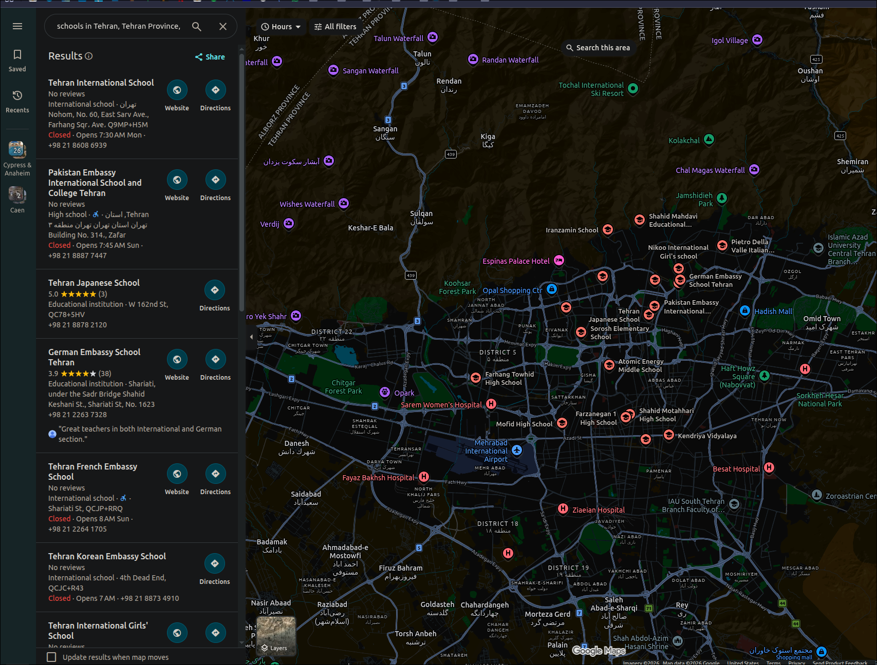 google maps of schools in Tehran
