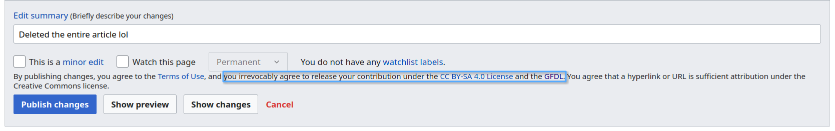 An edit summary form on Wikipedia. A box highlights a section of text that reads: "[by publishing your changes,] you irrevocably agree to release your contribution under the CC BY-SA 4.0 License and the GFDL."