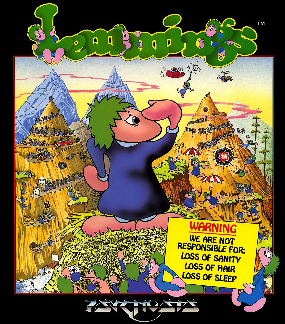 Cover art of the original "Lemmings" PC game, showing one large picture of the game's cartoonish Lemming creature with a lot of smaller ones in the background.