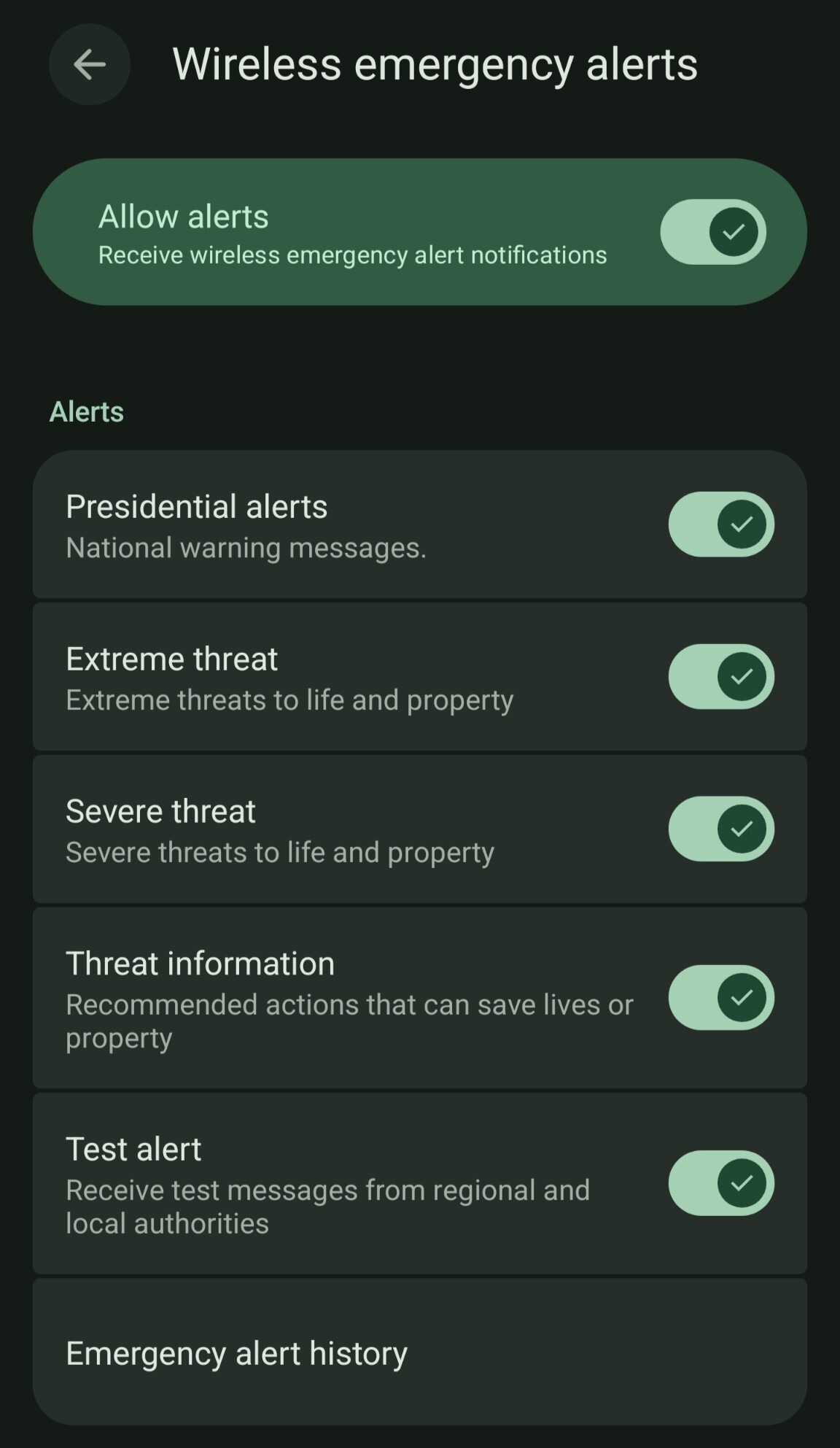 Screenshot of the "Wireless emergency alert" application's settings page, which displays toggles for different alert types. The first one is titled "Presidential alerts" with a description that says "National warning messages"