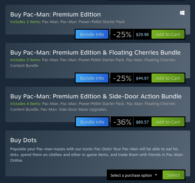 Picture of what appears to be the purchase area of a Steam page for a Pac-Man game. There are options for adding Pac-Man basics such as power pellets, floating cherries, side doors, and even dots to your purchase as expensive DLC bundles.