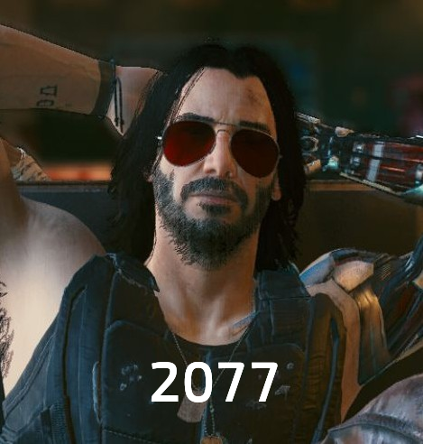 Screenshot of Keanu's character Johnny Silverhand in the game "Cyberpunk 2077" which is dated 2077, imitating the year-dated pictures of Keanu in the parent comment.