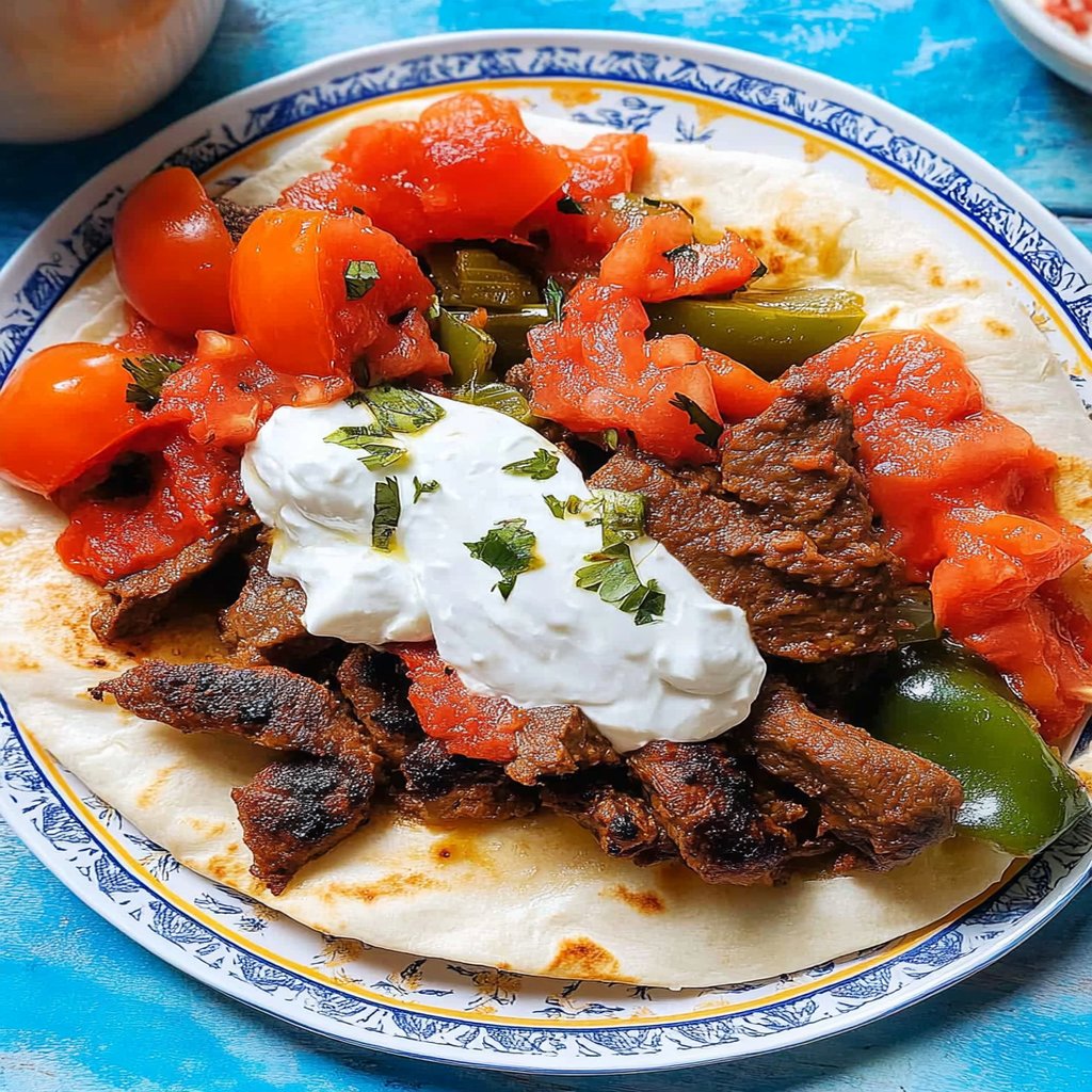 Somewhat thinly sliced meat with yogurt on the side and pepper underneath.