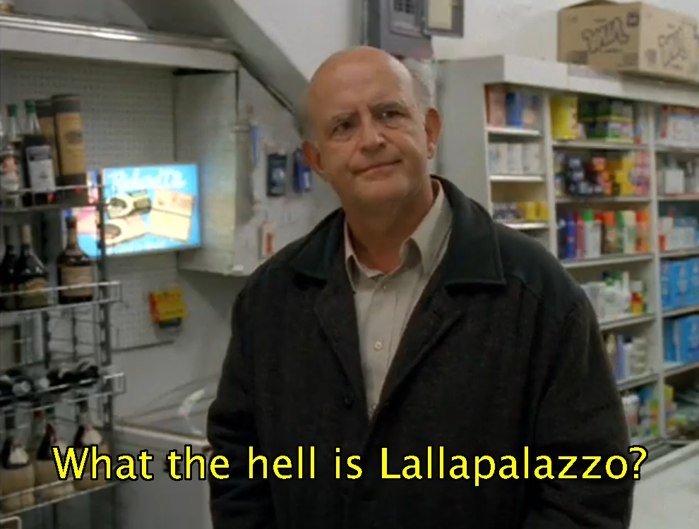 Screenshot of Peter Boyle as Clyde Bruckman from "The X-Files" saying, "What the hell is Lallapalazzo?