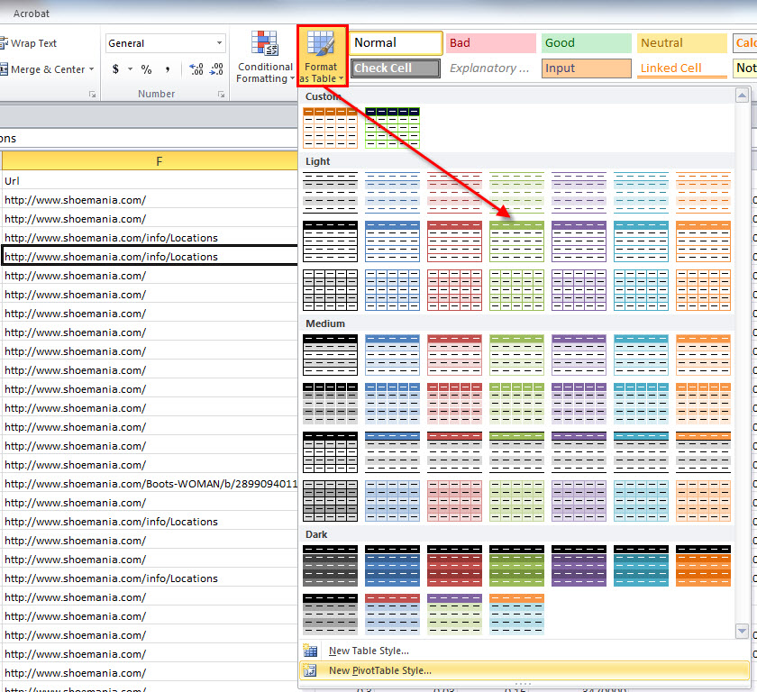 Excel's Format as Table option