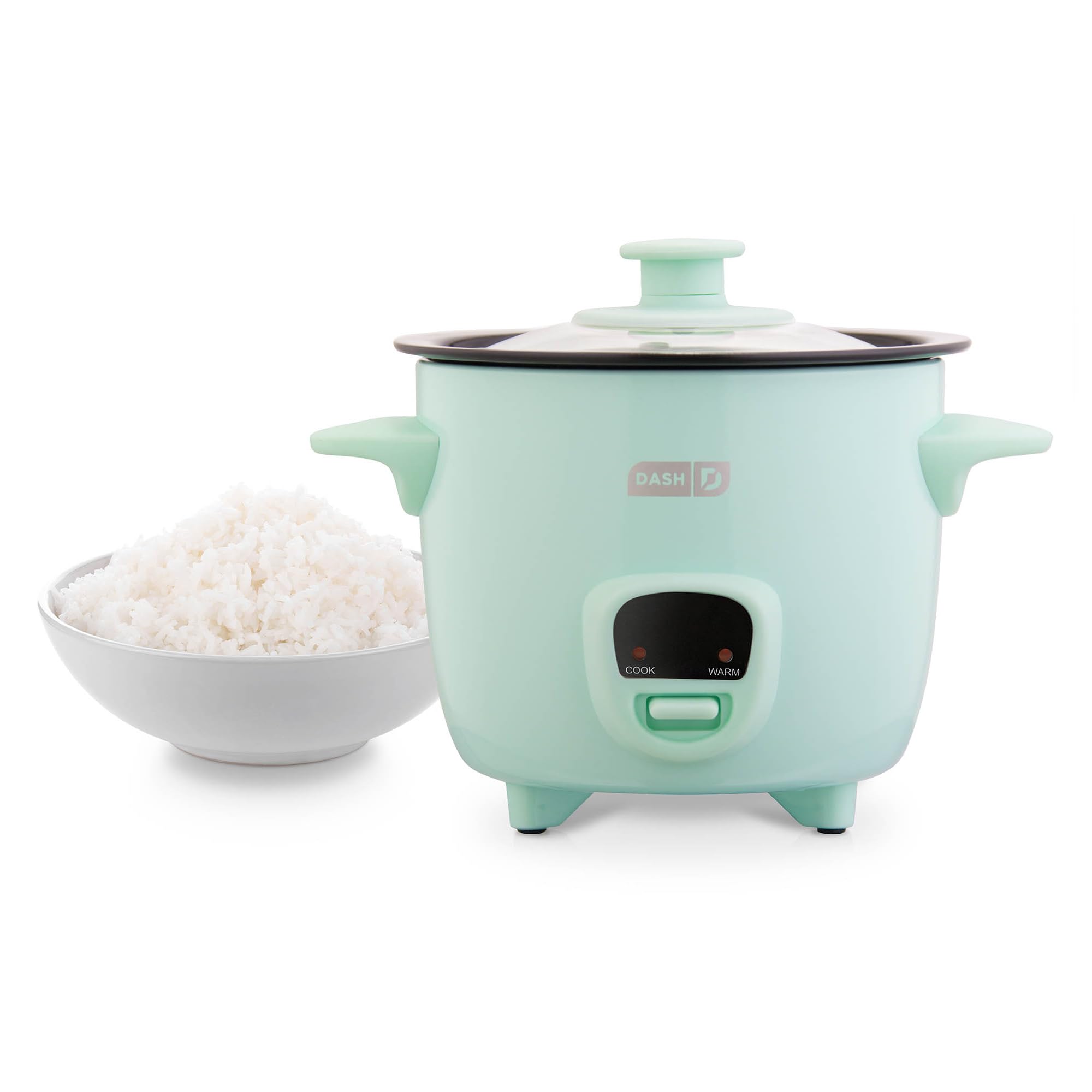 A rice cooker with a red status light for "Cook", an orange status light for "Warm", and an on/off switch below that.