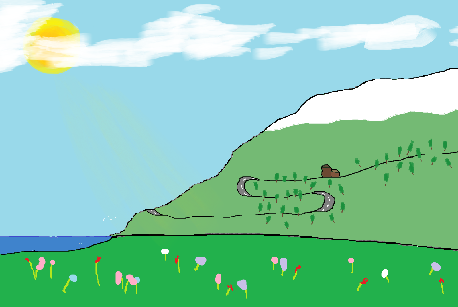 Drawing of a a field of flowers, with a mountain partially covered in snow in the background. A winding road goes along the mountain through a forest and passes a house. At the foot of the mountain is a large body of water with some birds flying above the shore. The sun is partially covered by the clouds and is shining its light on where the road first comes to this side of the mountain.