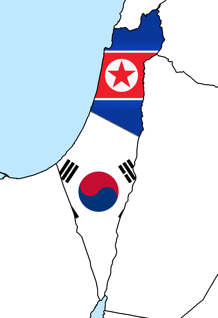 Map of the disputed territory with a roughly north–south divide, with the respective sides having the North Korean and South Korean flag.