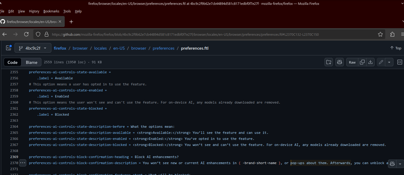 Sceenshot of GitHub repo mozilla-firefox/firefox featuring part of the source for the file firefox/browser/locales/en-US/browser/preferences/preferences.ftl, with the LOC 2370 centered and the excerpt "or pop-ups about them" highlighted. As a bonus, it's being seen on a Firefox tab.