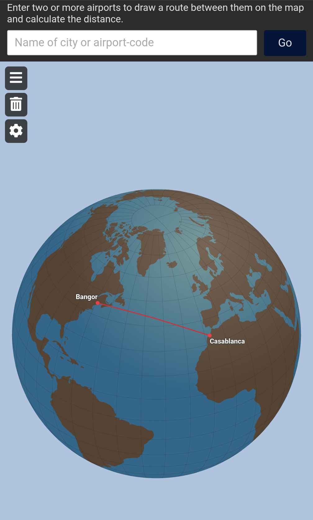 picture if the great circle between Maine and Casablanca, depicting Maine as the closest state to Africa.