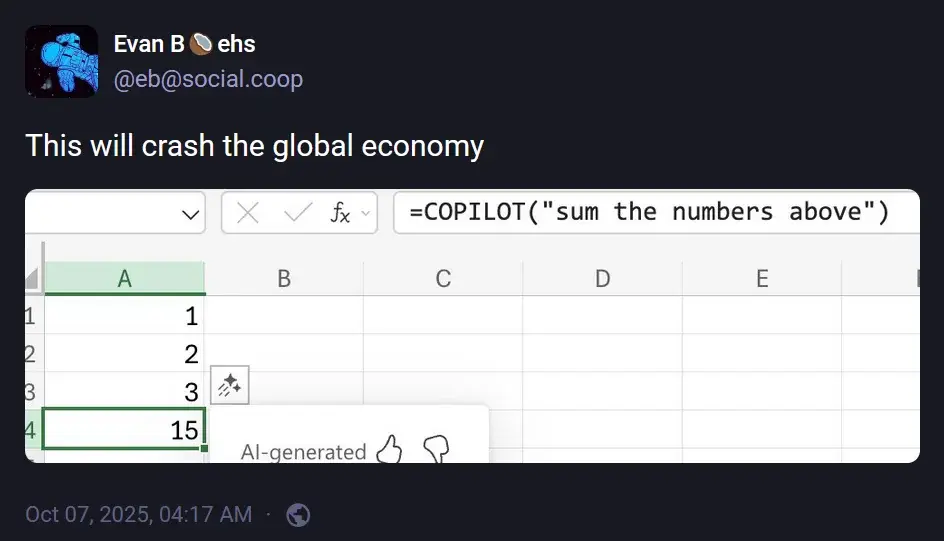 Copilot crash global economy meme - wrong math in Excel courtesy copilot instead of sum formula to add three numbers