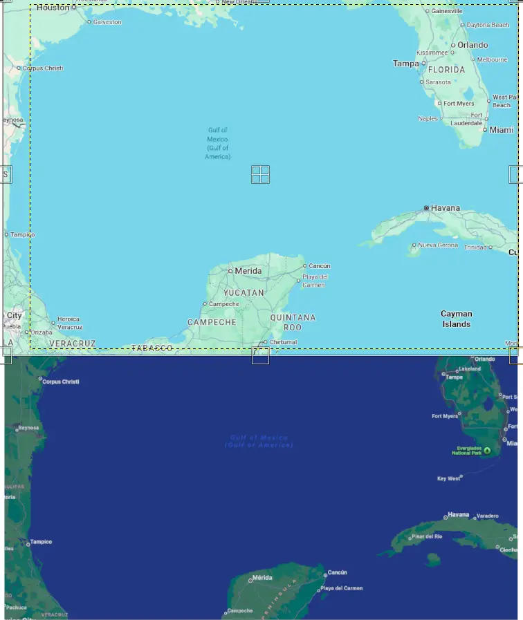 screenshot of gulf of mexico for both google maps(top) and apple maps(bottom)