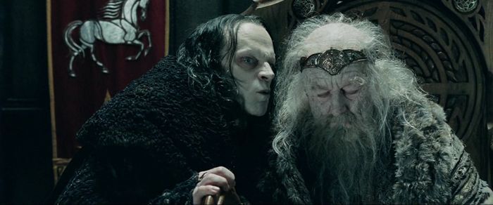 Wormtongue whispering in Theoden's ear