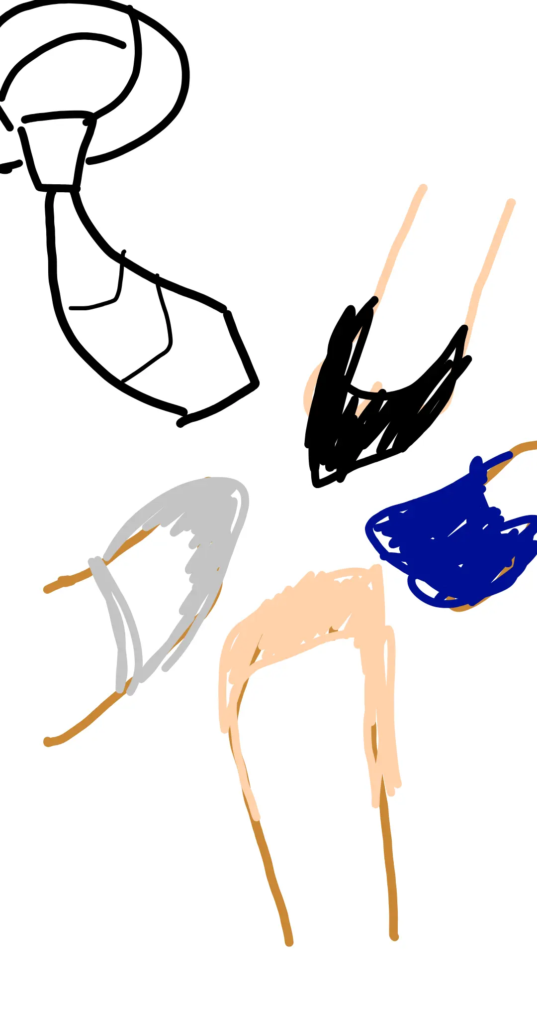 Rough drawing of three different woman feet with coloured shoes and one black tie pointing towards a single spot