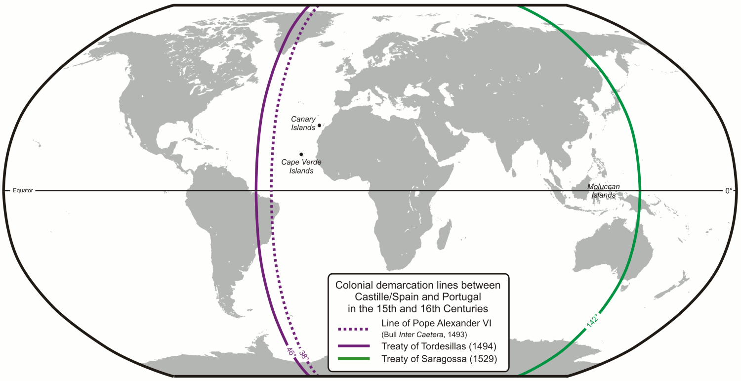 Lines dividing the non-Christian world between Castile and Portugal: the 1494 Tordesillas meridian (purple) and the 1529 Zaragoza antimeridian (green) - Source: Wikipedia