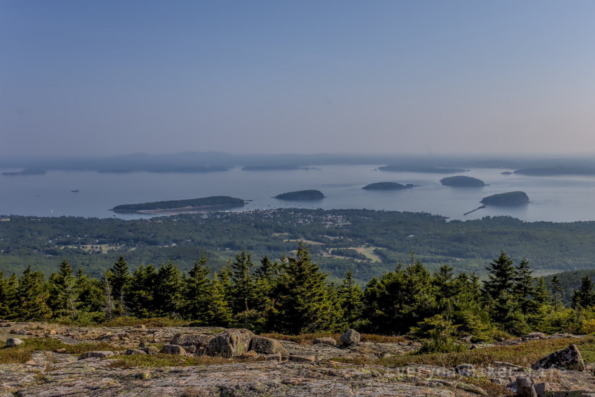 Bar Harbor and the Porcupine Islands.  While I did not make it here for sunrise, there are several locations early on the North trail that would be good vantage points.