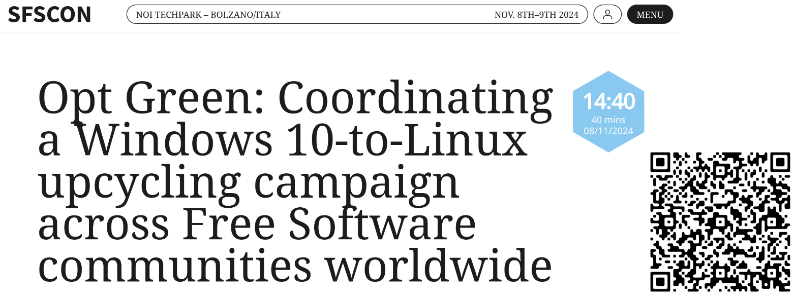 Screenshot from the BoF (Birds of a Feather) announcement with the title "Opt Green: Coordinating a Windows-10-to-Linux upcycling campaign across Free Software communities worldwide". To the right of the screenshot is a QR code for the link included in the toot.