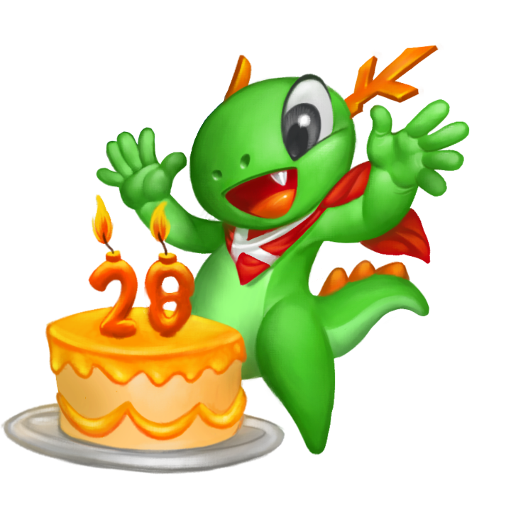 Konqi is excited and happy, as he has a birthday cake with a candle that says "28"! Happy birthday Konqi!