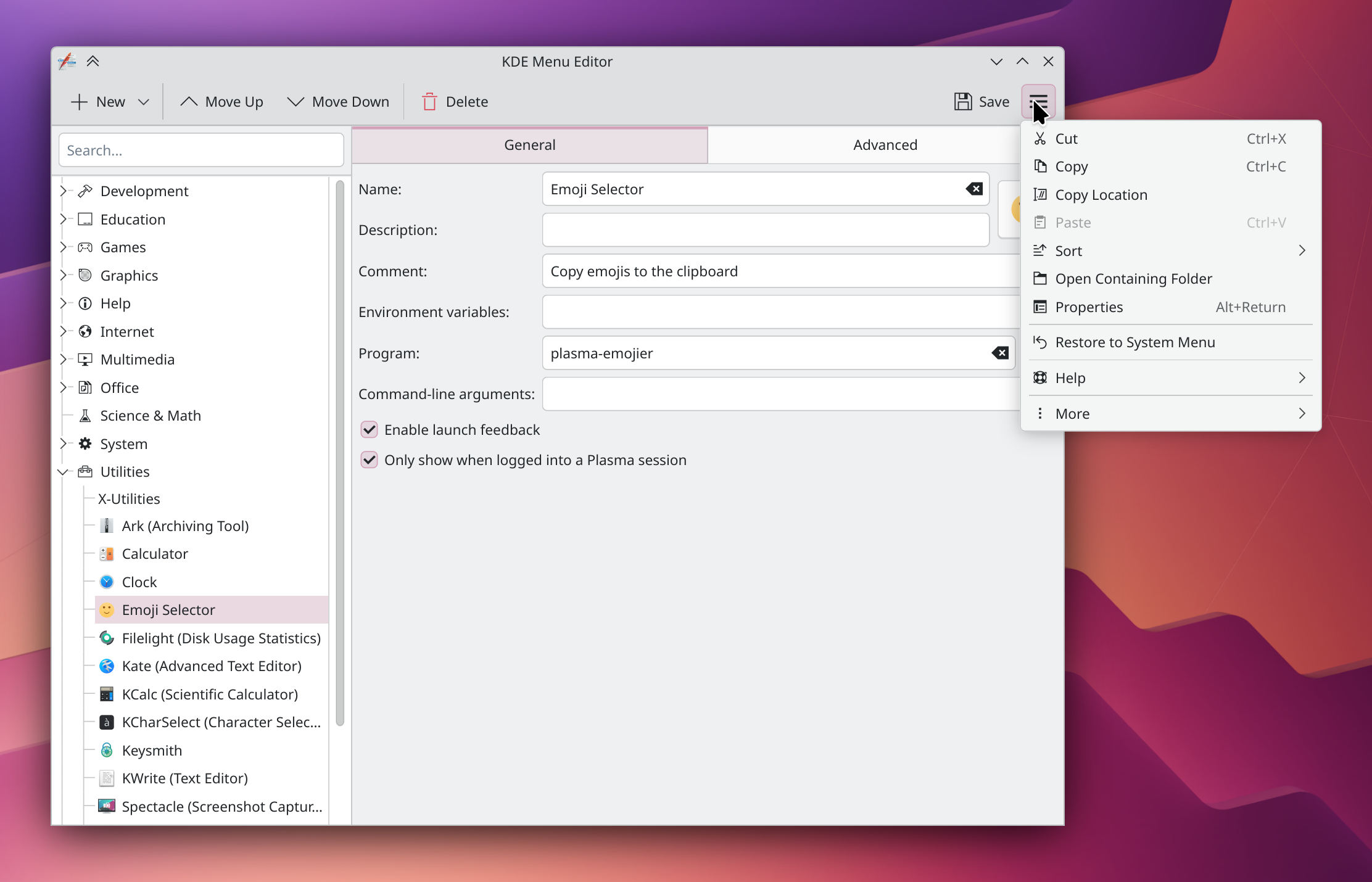 A screen shoot of the new, clearer KMenuEdit, which you can use to customize Plasma's default launch menu .