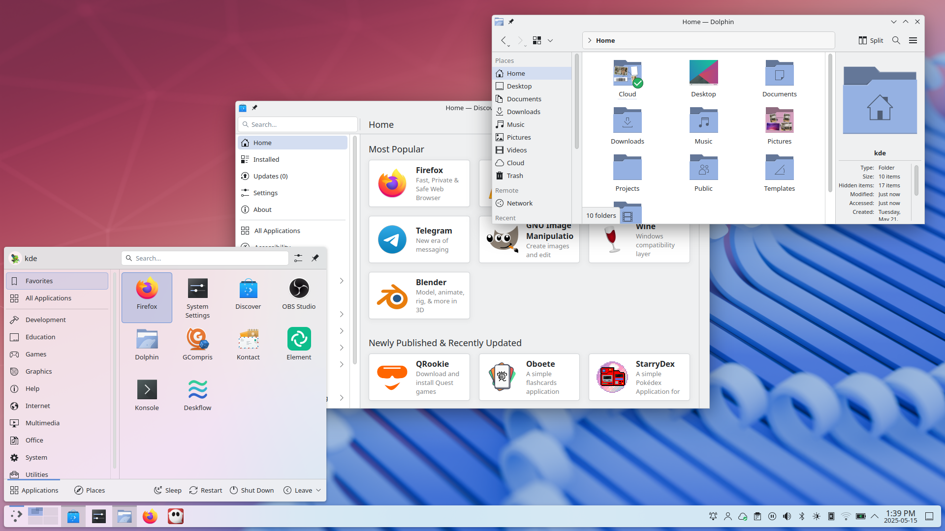 A vew of KDE's new Plasma 6.4 beta desktop. In the foreground you can see the Dolphin file/folder manager, Discover for installing software, and the launch menu
